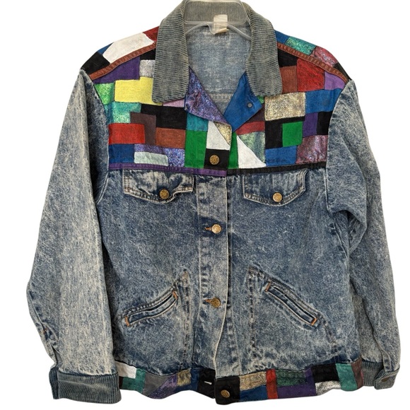 Acid Wash Denim Jacket w/ Hand Painted Color Blocks - Picture 1 of 6